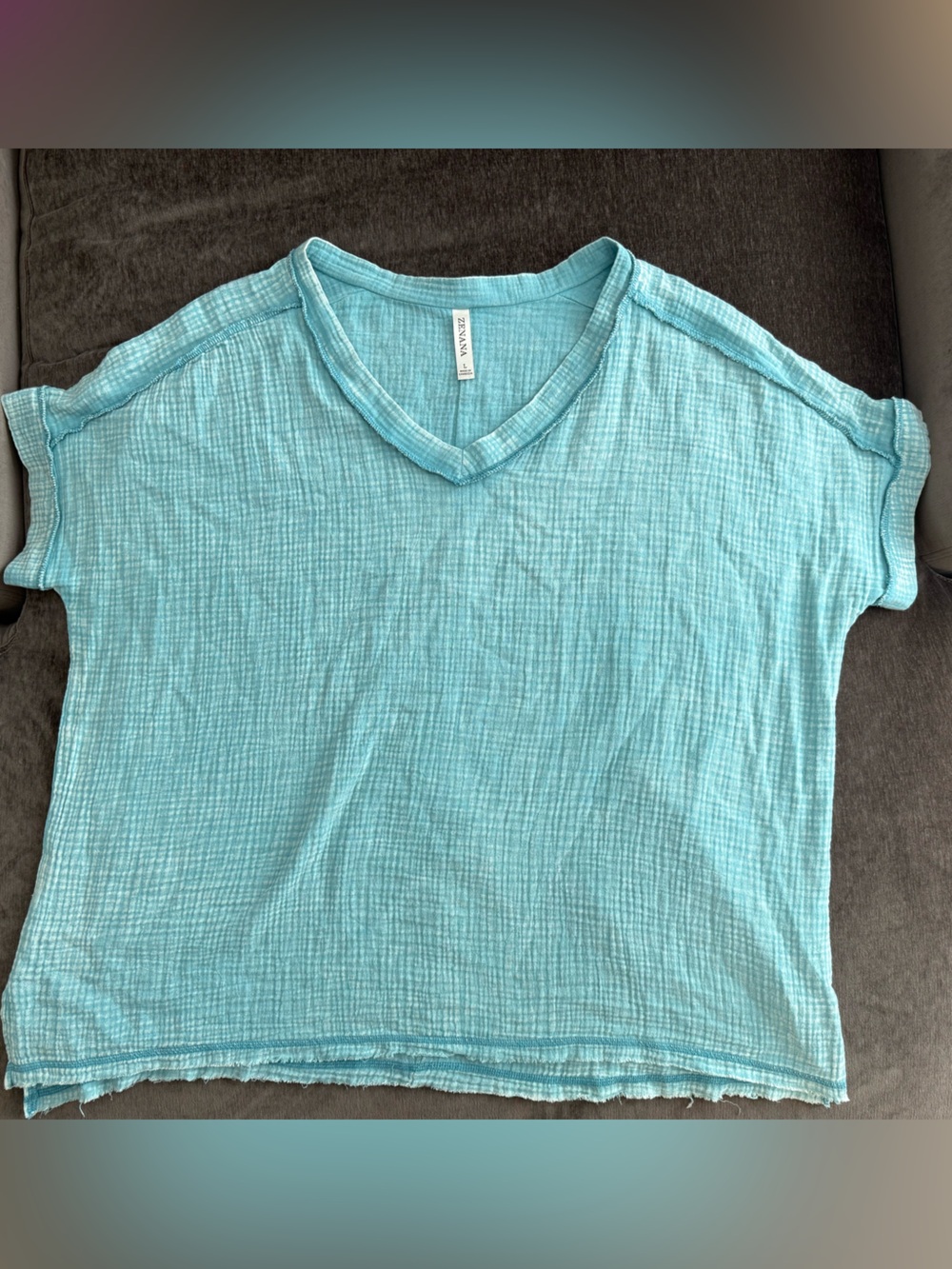 Zenana Outfitters Light Acid Washed Aqua V-Neck Top